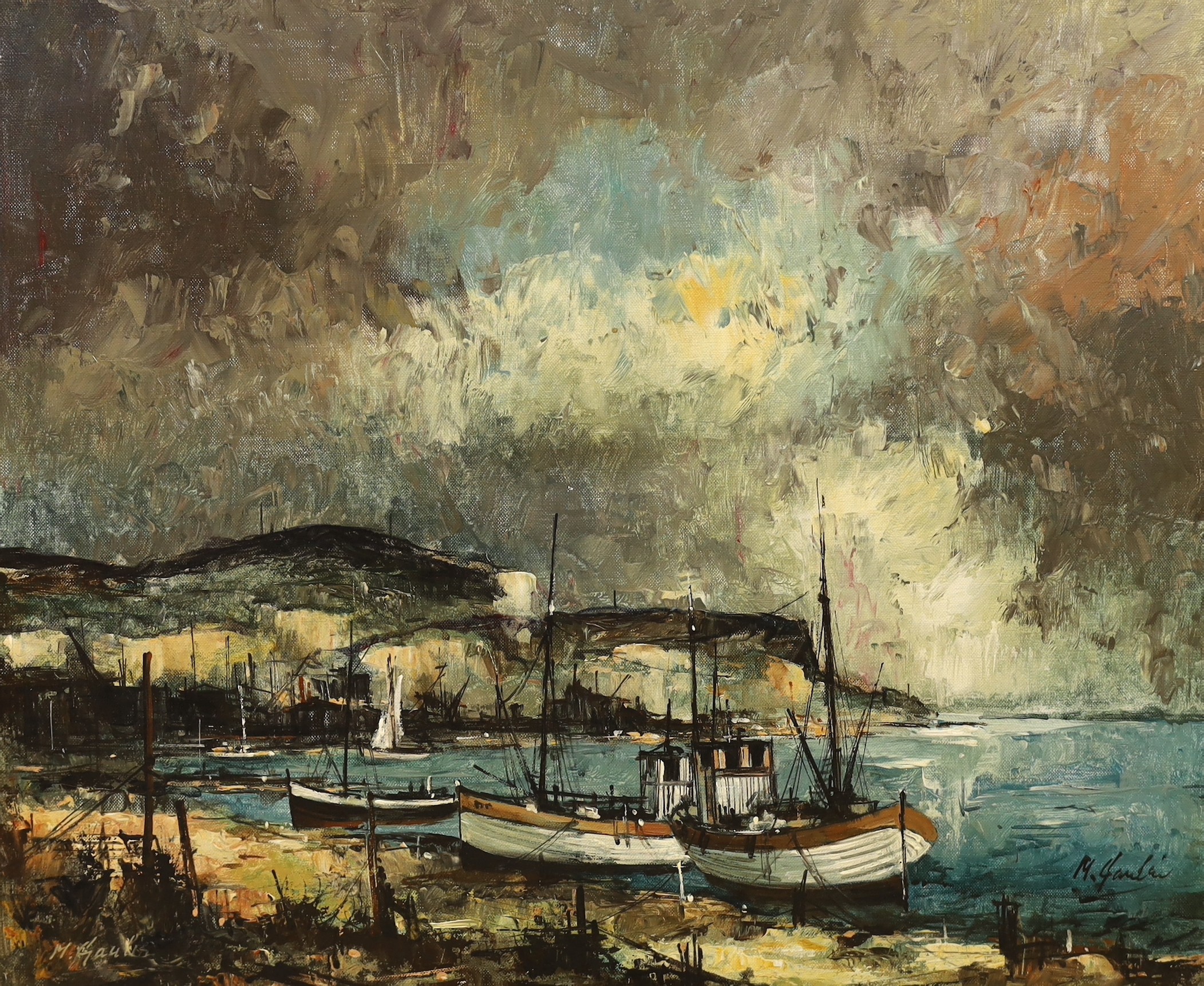 English School, oil on canvas, Fishing boats along the shore, indistinctly signed, 51 x 61cm,