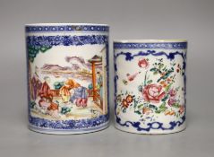 Two late 18th century Chinese exports famille rose mugs, tallest 12cm (2)