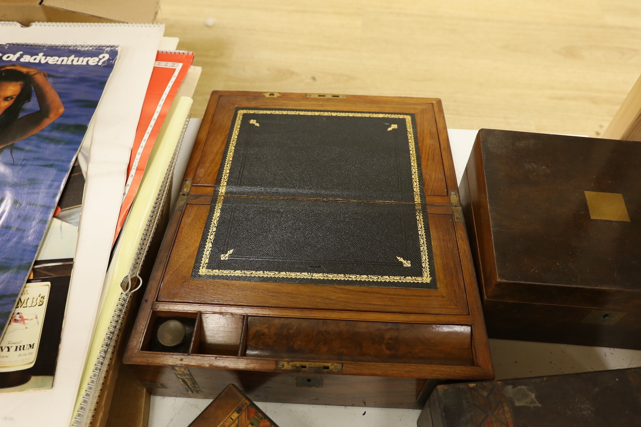 A Victorian rosewood writing slope, a similar smaller one and two boxes - Image 4 of 5