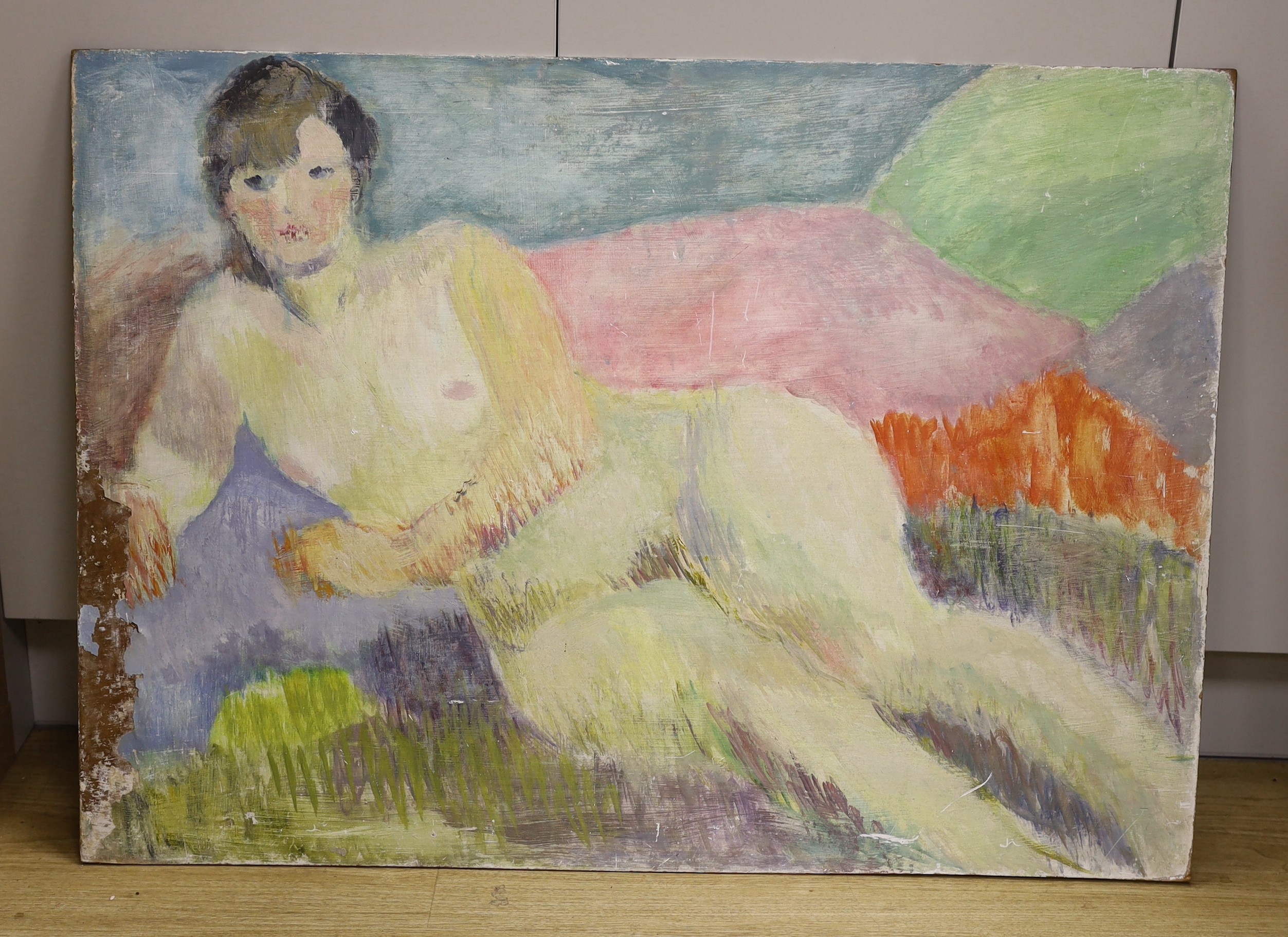 Modern British, oil on board, Reclining female nude, 69 x 95cm, unframed - Image 2 of 3