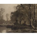 John Wood after Sir Alfred East, engraving, Boatman in a landscape, signed by both artists, 46 x