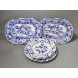 Three Meissen onion pattern plates, an 18th century Chinese exports blue and white plate and two