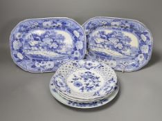 Three Meissen onion pattern plates, an 18th century Chinese exports blue and white plate and two