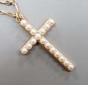 A Mikimoto 14k yellow metal and cultured pearl cluster set cross pendant, 35mm, on an associated