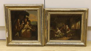 19th century German School, two oils on zinc, 18th century figures taking tea and Cottage