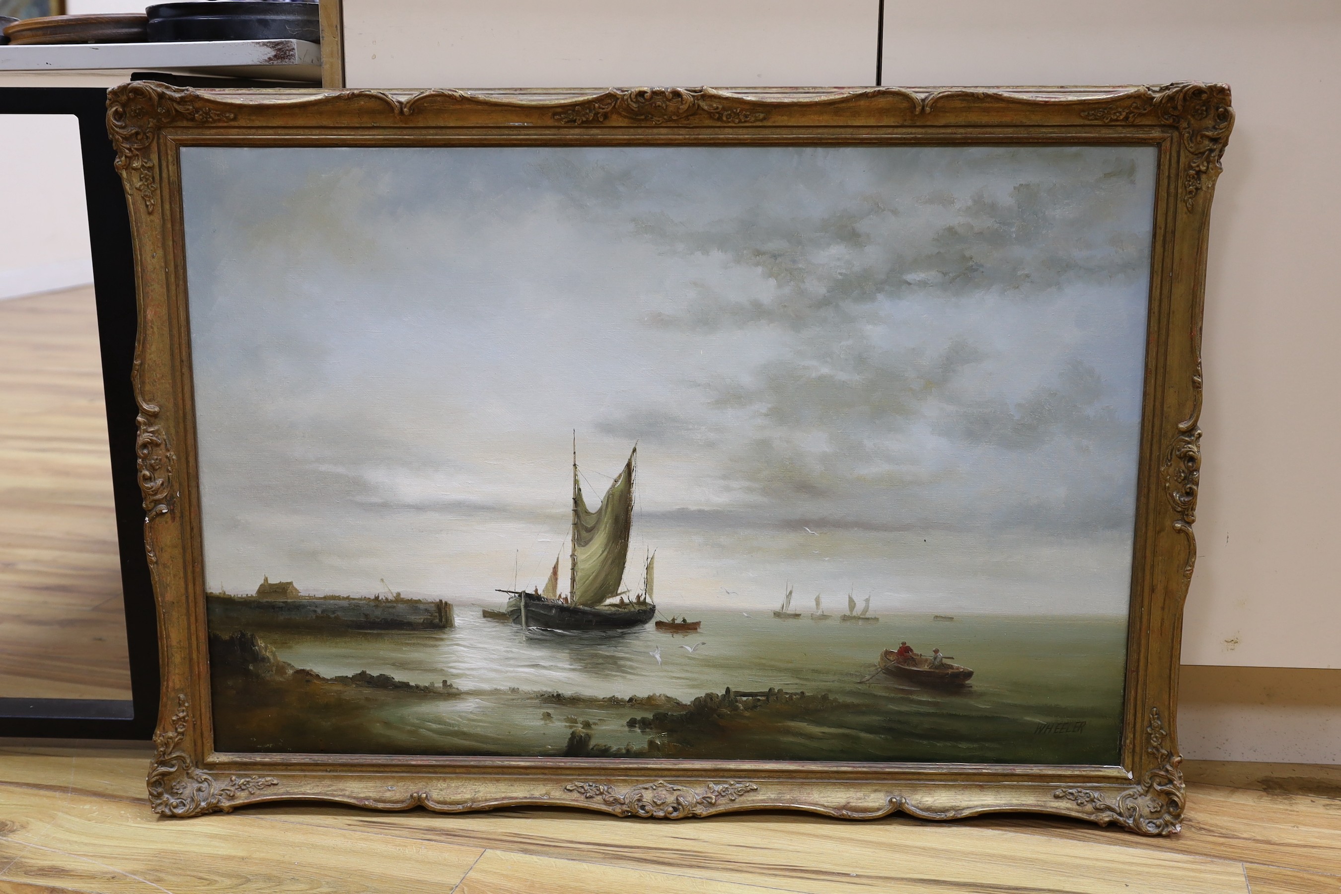Wheeler, 19th century, oil on canvas, harbour scene, signed, 60 x 90cm - Image 2 of 3