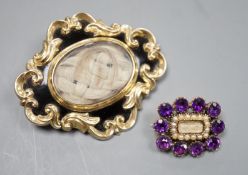 Two Victorian yellow metal (tests as 9ct) mourning brooches, one with black enamel and pendant bale,