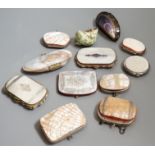 Twelve 19th century mother of pearl purses and containers