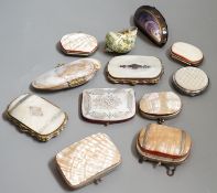Twelve 19th century mother of pearl purses and containers