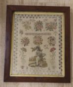 A 19th century sampler by Phoebe Smith Her Work 1842, of a boy amongst a churchyard watering plants,