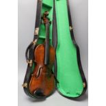 A violin labelled 'Albani Palermo', cased, length of back 35.5cm