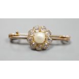 A yellow metal, cultured pearl and diamond cluster set bar brooch, 31mm, gross weight 2.7 grams.