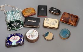 A mixed collection of enamel, tortoiseshell and other purses, a Chinese porcelain box and enamel