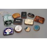 A mixed collection of enamel, tortoiseshell and other purses, a Chinese porcelain box and enamel