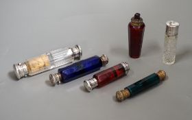 A collection of 19th century coloured and clear glass scent bottles, some silver mounted (6)
