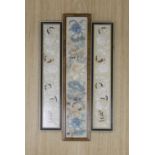 Three 19th century Chinese framed silk embroidered sleeve panels, largest 12 x 55cm