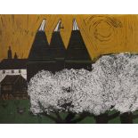 Robert Tavener (1920-2004), linocut, Kentish Oast Houses, signed and dated '65 and inscribed