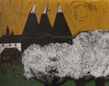 Robert Tavener (1920-2004), linocut, Kentish Oast Houses, signed and dated '65 and inscribed