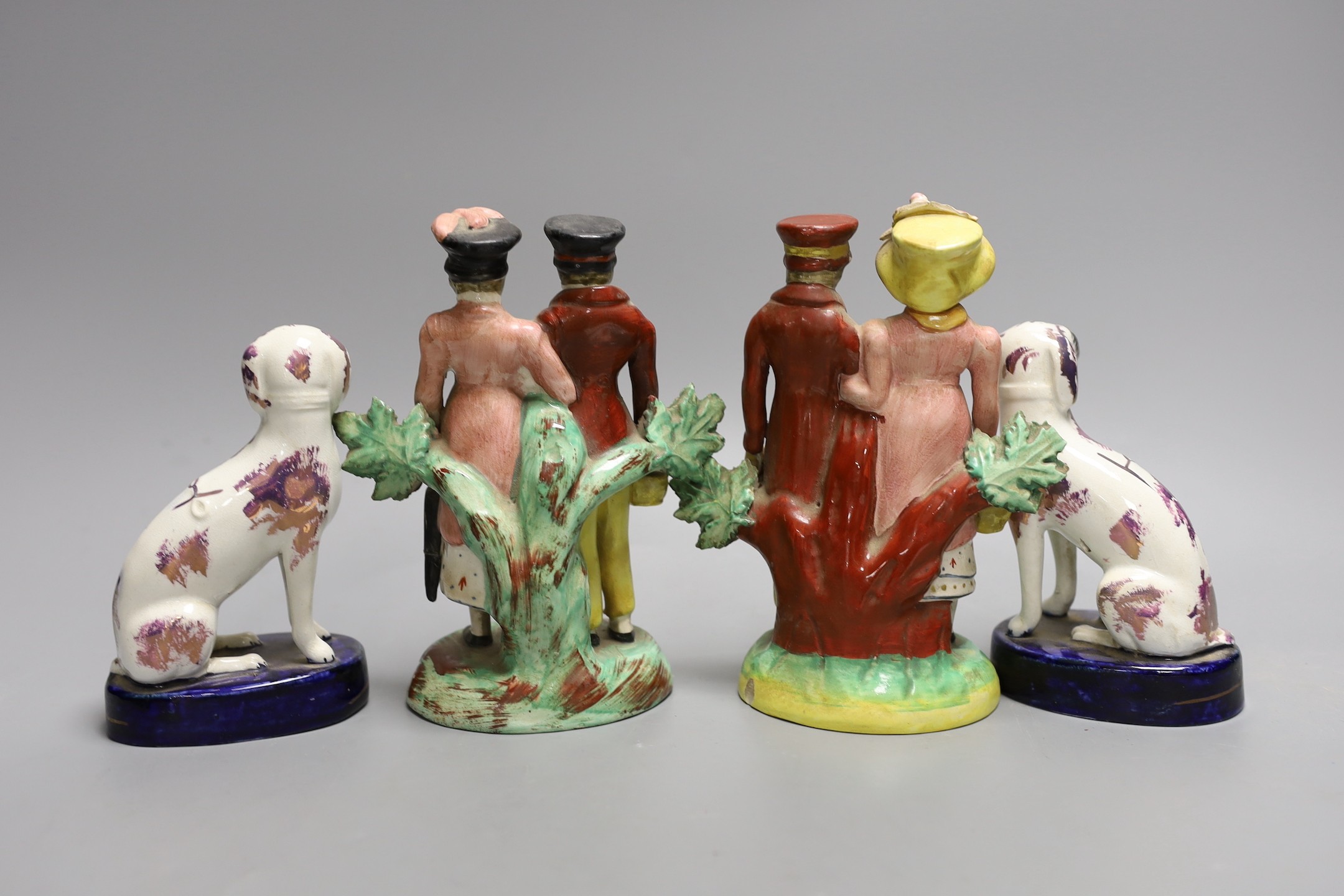 A pair of Staffordshire pink lustre spaniels and a pair of similar groups of a dandy and - Image 2 of 2