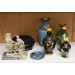 Six Chinese cloisonné enamel vases, one hardwood stand and a hardstone group, tallest 23cm