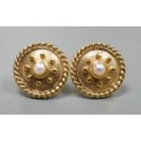 A modern pair of 585 yellow metal and cultured pearl set disc earrings, 14mm, gross weight 6.3