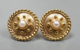 A modern pair of 585 yellow metal and cultured pearl set disc earrings, 14mm, gross weight 6.3