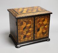 A 19th century Tunbridge ware specimen cube marquetry and coromandel table cabinet, label to
