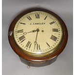 A Victorian mahogany dial clock by J. Langley, twin fusee movement, 38cm diameter, with pendulum