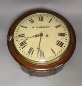 A Victorian mahogany dial clock by J. Langley, twin fusee movement, 38cm diameter, with pendulum