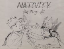 John Ward, pen and ink, 'Nativity Play', signed, 21 x 27cm