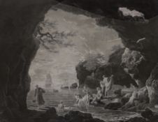 18th century, engraving, Bathers beside sea cliffs, inscribed in French, overall 52 x 70cm