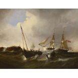 19th century English School, oil on canvas, Shipping off the coast in a rough sea, indistinctly