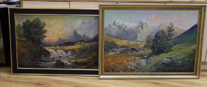 Italian School, two oils on canvas, Alpine landscapes, indistinctly signed, 68 x 98cm and 59 x 91cm