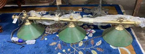 A brass snooker table lamp, width 148cm