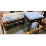 A 1920's mahogany box seat piano stool, 49cm, and an oak and beech foot stool, 97cm