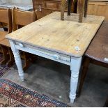 A Victorian pine and later painted kitchen table, with frieze drawer, width 122cm depth 87cm