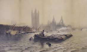 A. Kidd, watercolour, Barges before the Palace of Westminster, signed, 24 x 39cm