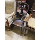 A mid 19th century ash and elm Windsor armchair (reduced), width 54cm, depth 41cm, height 106cm