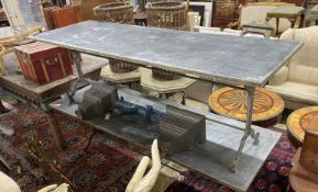 A Victorian style rectangular cast iron garden table with tin top, width 210cm, depth 69cm, height