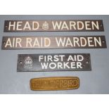 Three Air Raid Precautions signs together with a ‘Thunderbird’ sign. (4) largest 3 x 23cm
