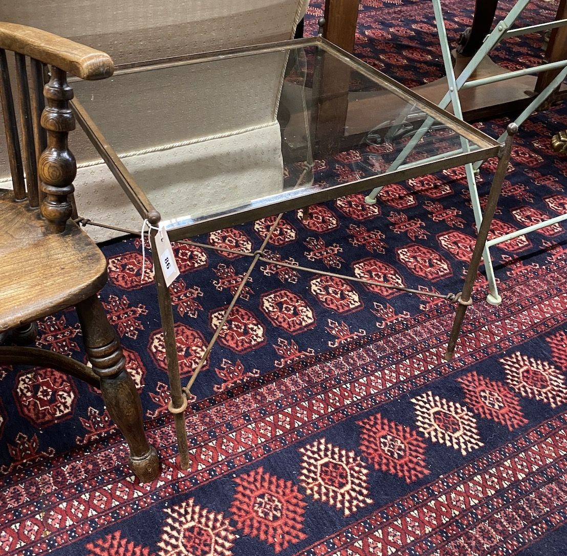 A wrought iron glass top square occasional table, width 60cm, height 51cm