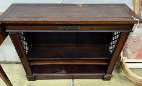 A reproduction hardwood dwarf open bookcase, width 107cm, depth 33cm, height 85cm