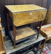 An Edwardian satinwood inlaid rosewood drop flap two tier table, width 60cm, depth 40cm, height