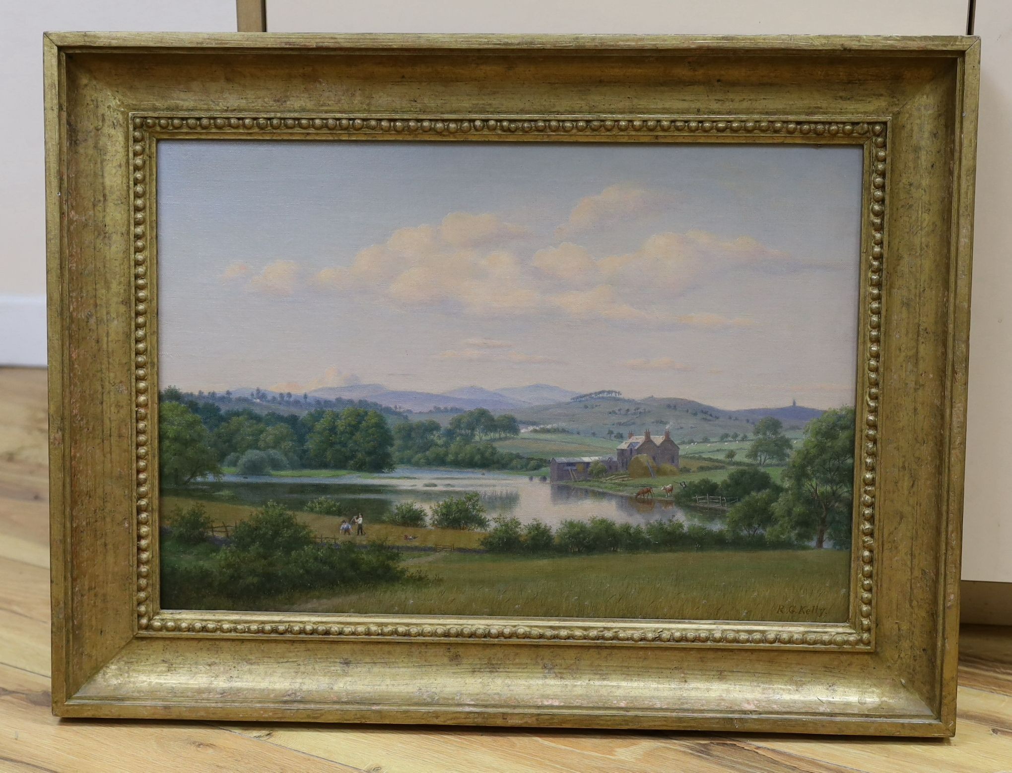 RG Kelly (20th C.), oil on canvas, Extensive landscape with harvesters and cattle watering, - Image 2 of 3