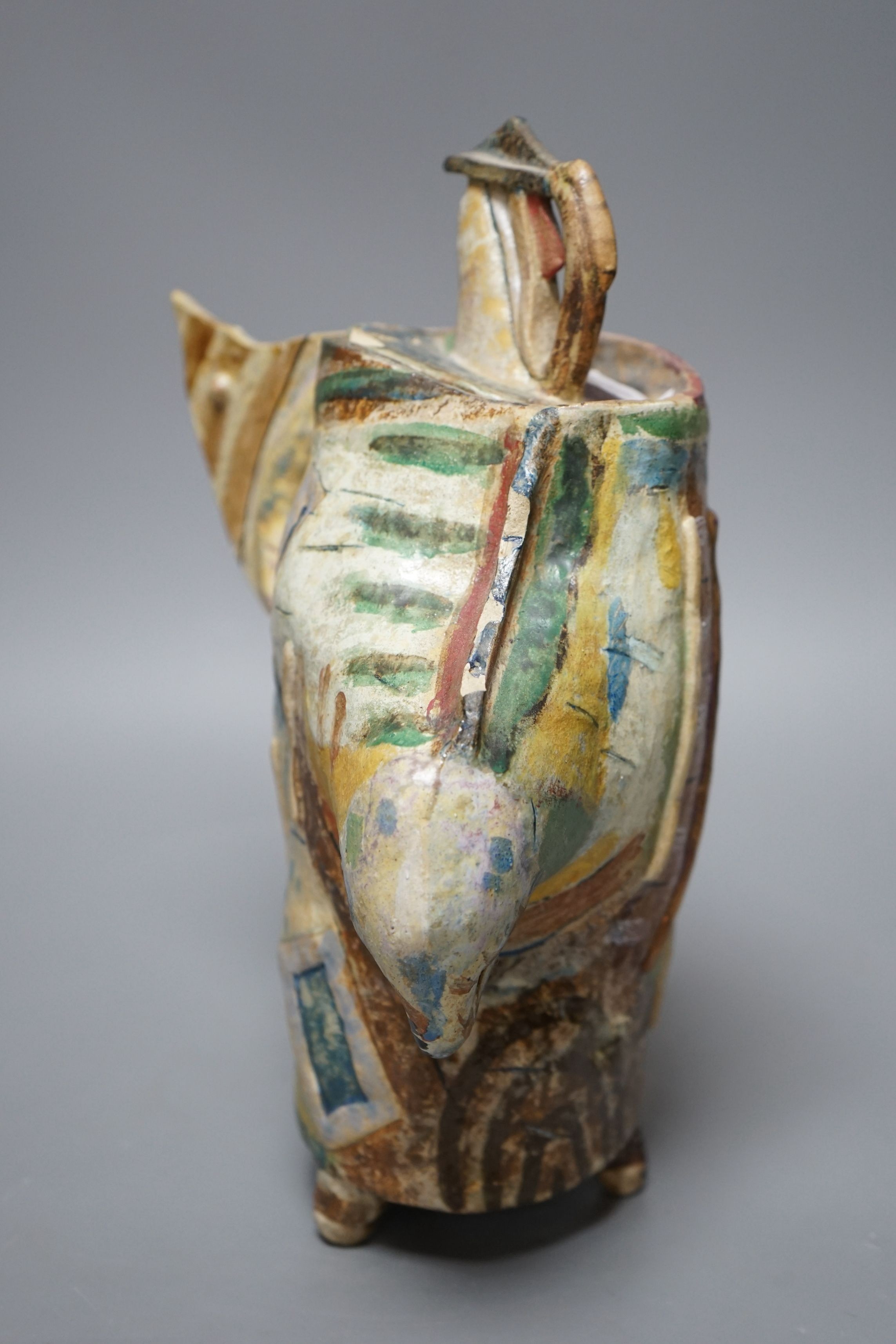 Angus Suttie (1946-1993), an abstract polychrome glazed stoneware jug and cover on tripod base, - Image 3 of 6