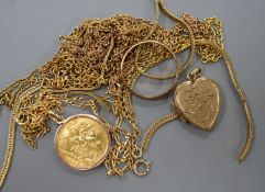 A 1908 gold half sovereign in unmarked mount, three assorted 9ct gold necklaces, one a.f.; a