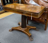 An early Victorian satinwood inlaid rosewood folding card table, width 90cm, depth 45cm, height