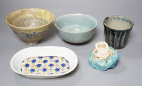 Japanese studio pottery; a group to include two bowls, and a plum dish, a fluted cup and a