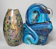 An art glass vase and a Mdina signed and dated 1973 turquoise glass sculpture, sculpture 35cms high