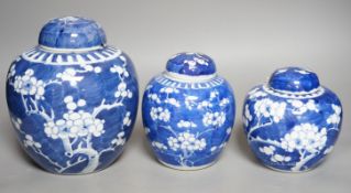 Three Chinese blue and white jars and covers,tallest 21cms high,